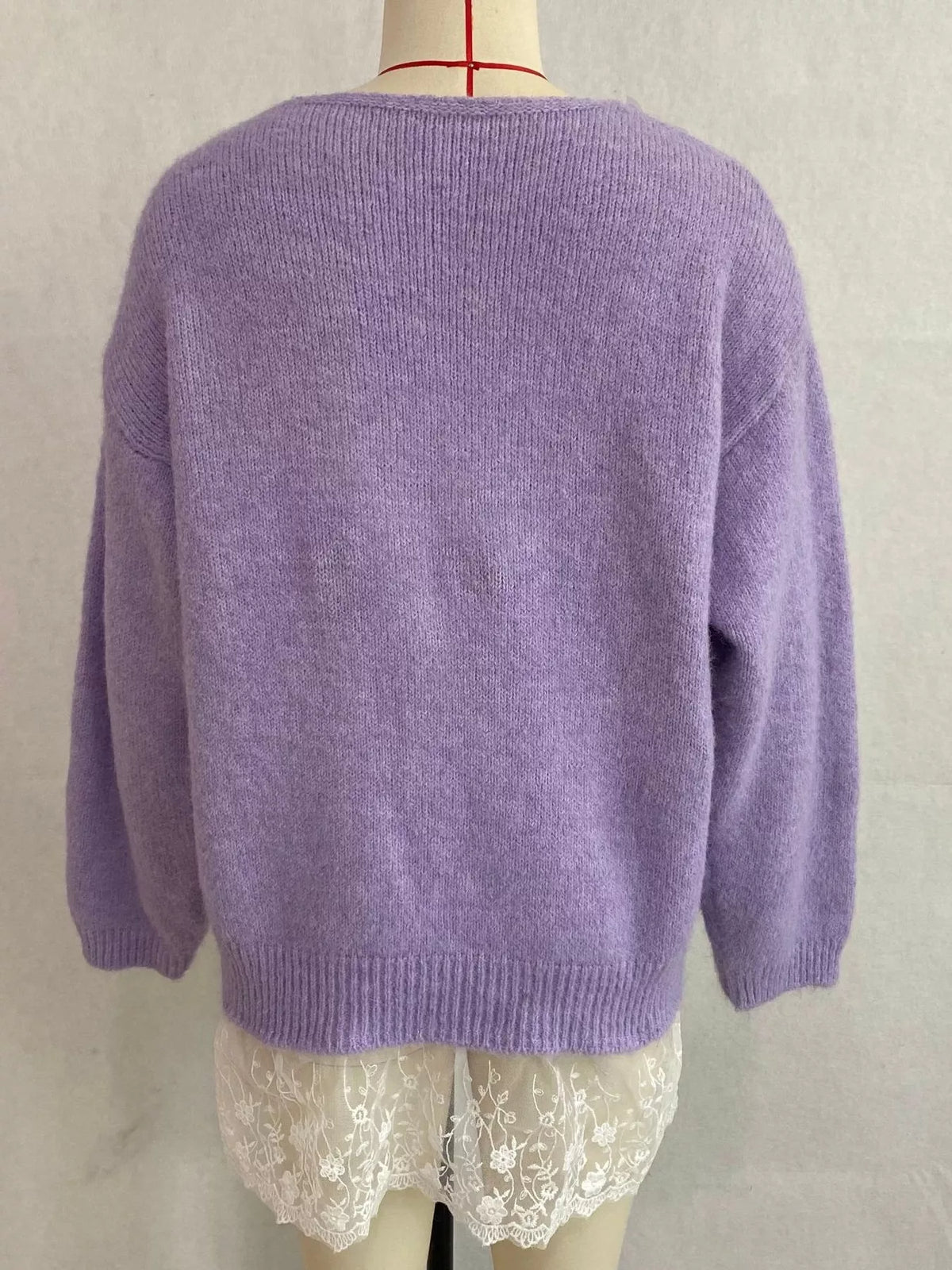 V-Neck Floral Applique Lace Hem Sweater, view 16