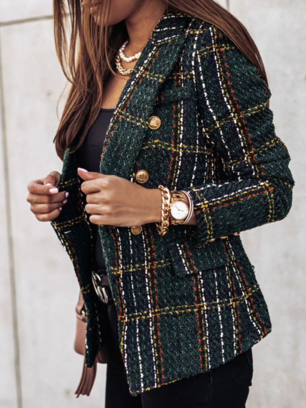 Full Size Plaid Tweed Double-Breasted Blazer Plus Size - Lilixa.store