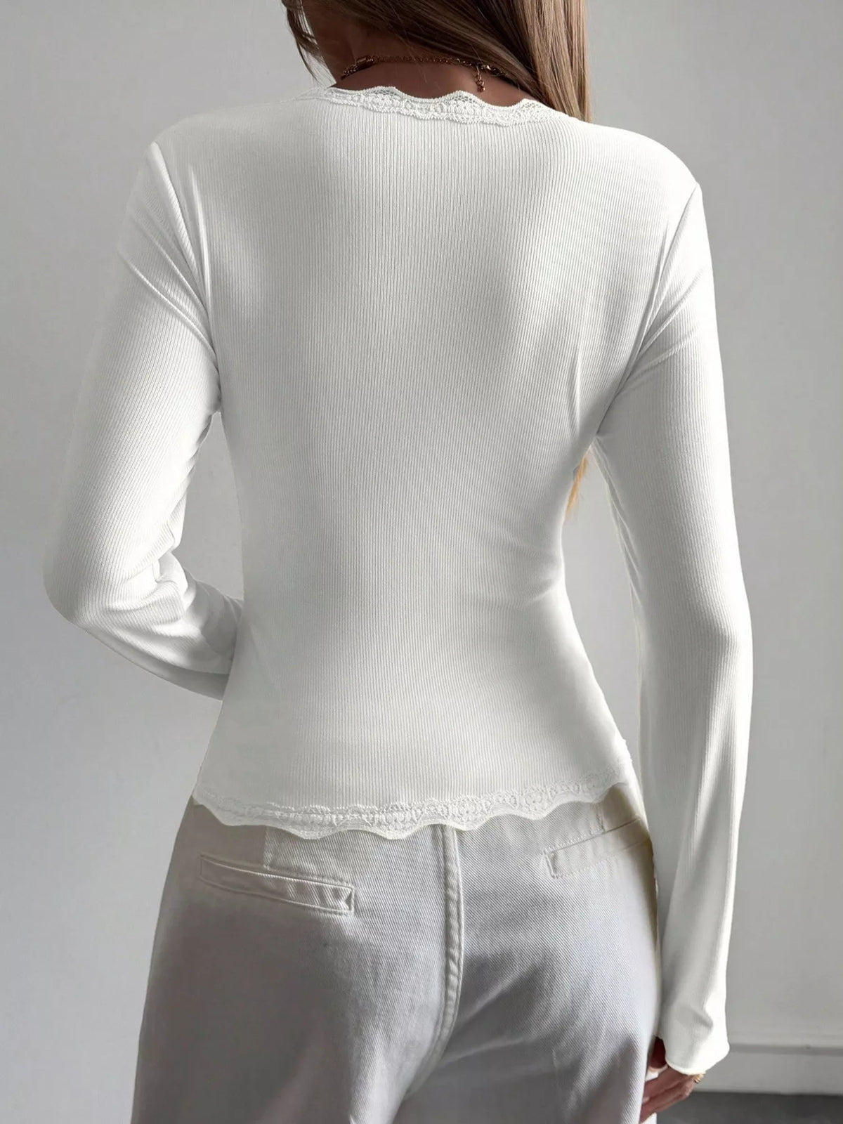 Lace Trim V-Neck Ribbed Long Sleeve Blouse, view 6