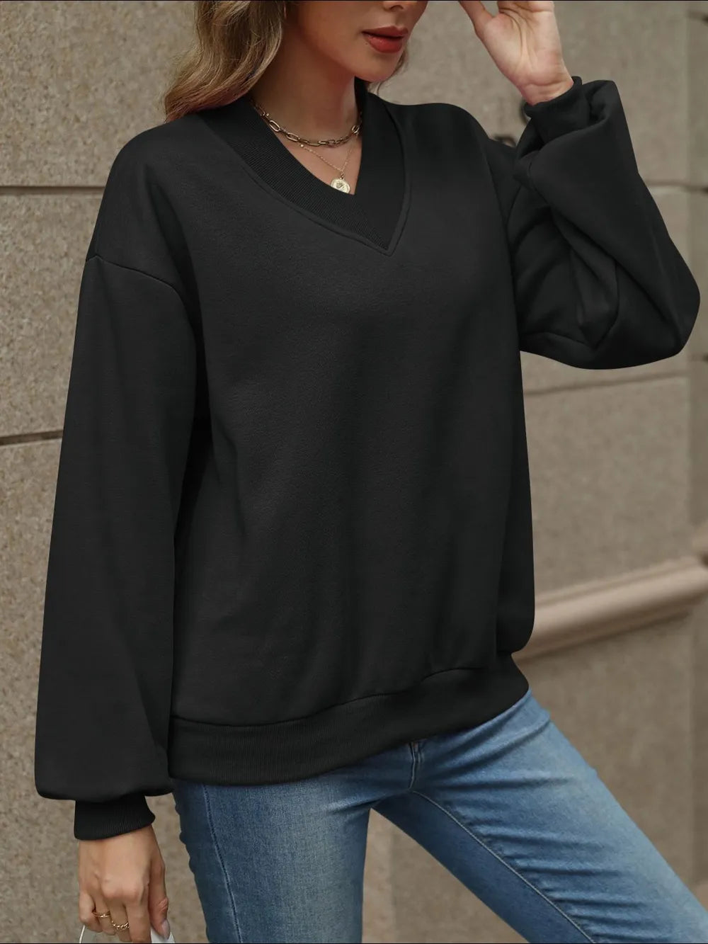V-Neck Long Sleeve Dropped Shoulder Sweatshirt - Lilixa.store