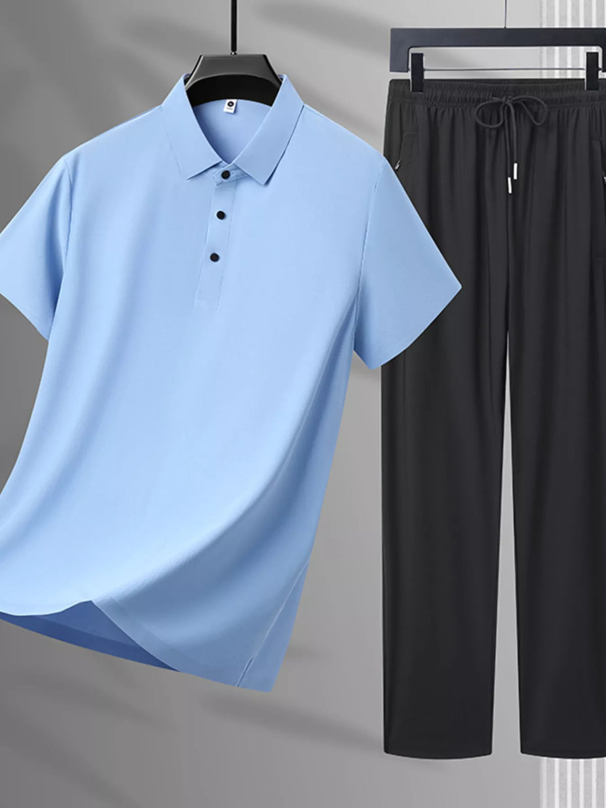 Men's Plus Size Button Detail Polo and Pants Set in Blue