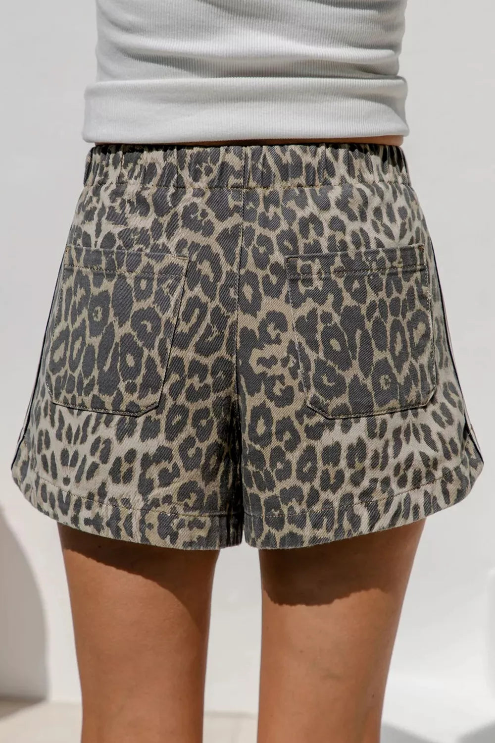 Multicolour Leopard Pattern Striped Detail Drawstring Denim Shorts - Lilixa.store