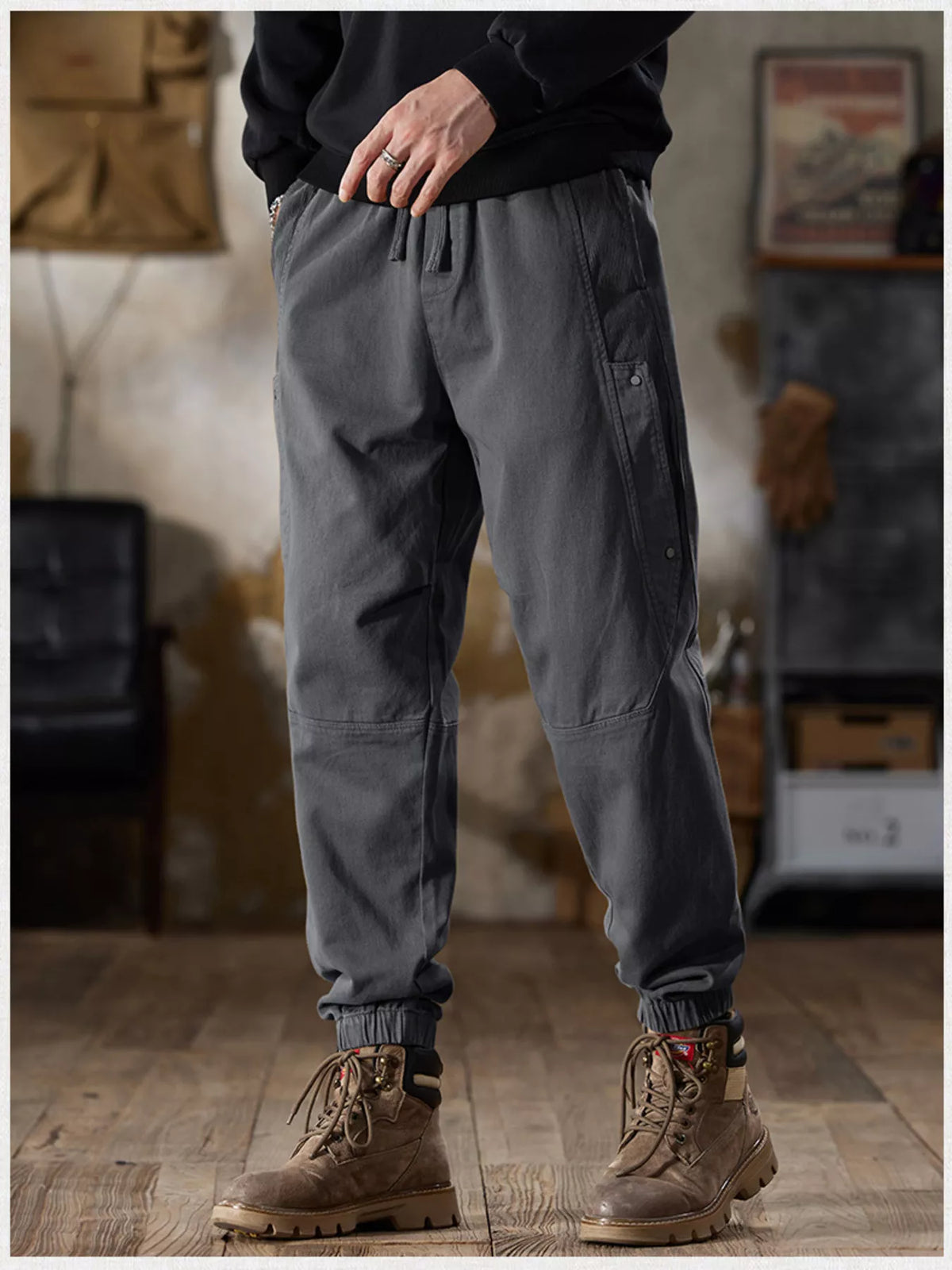 Men's Full Size Casual Drawstring Cargo Joggers Plus Size in Grey