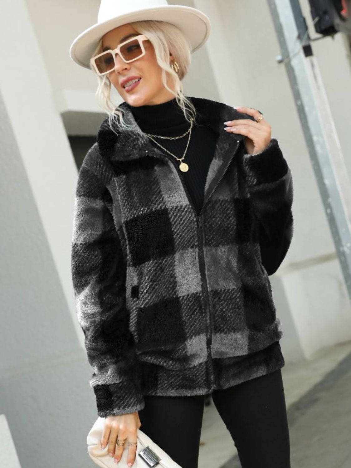 Plaid Zip-Up Collared Jacket - Lilixa.store