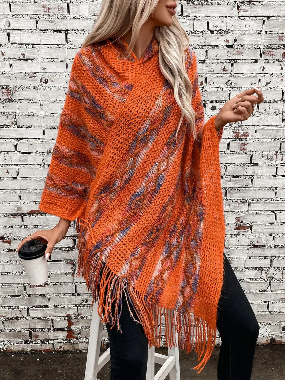 Fringe Contrast Hooded Poncho in Terracotta