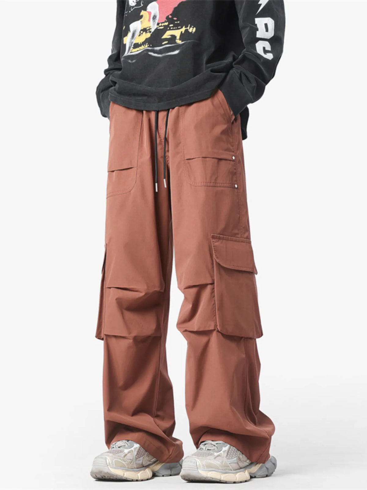 Men's Plus Size Wide Leg Cargo Pants in Red Coffee Color