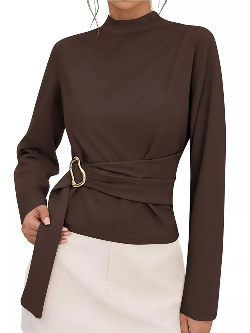 Mock Neck Blouse with Waist-Defining Metal Buckle Detail - Lilixa.store