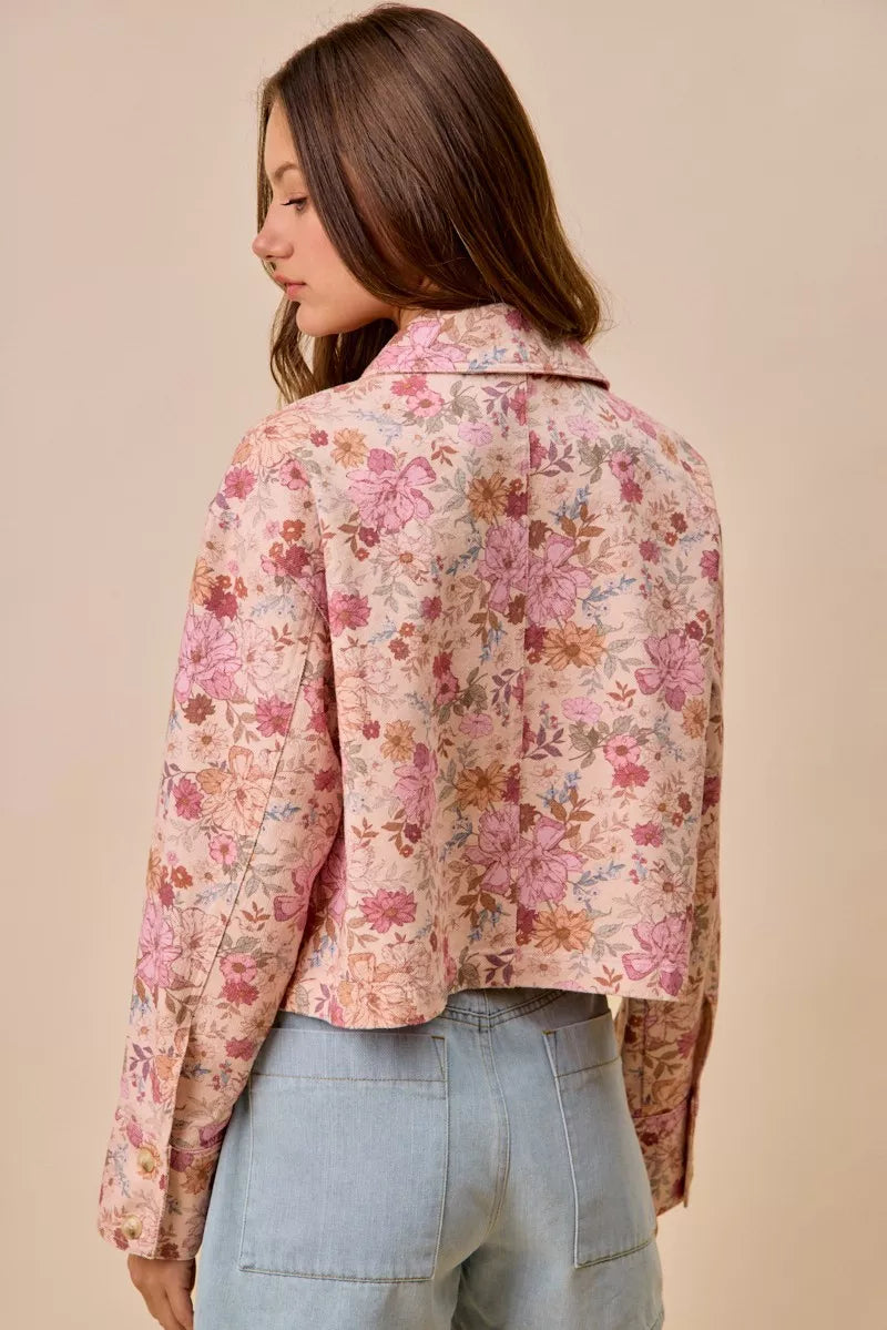 SO ME Floral Print Cotton Twill Button Down Barn Jacket in Blush Pink, view 7