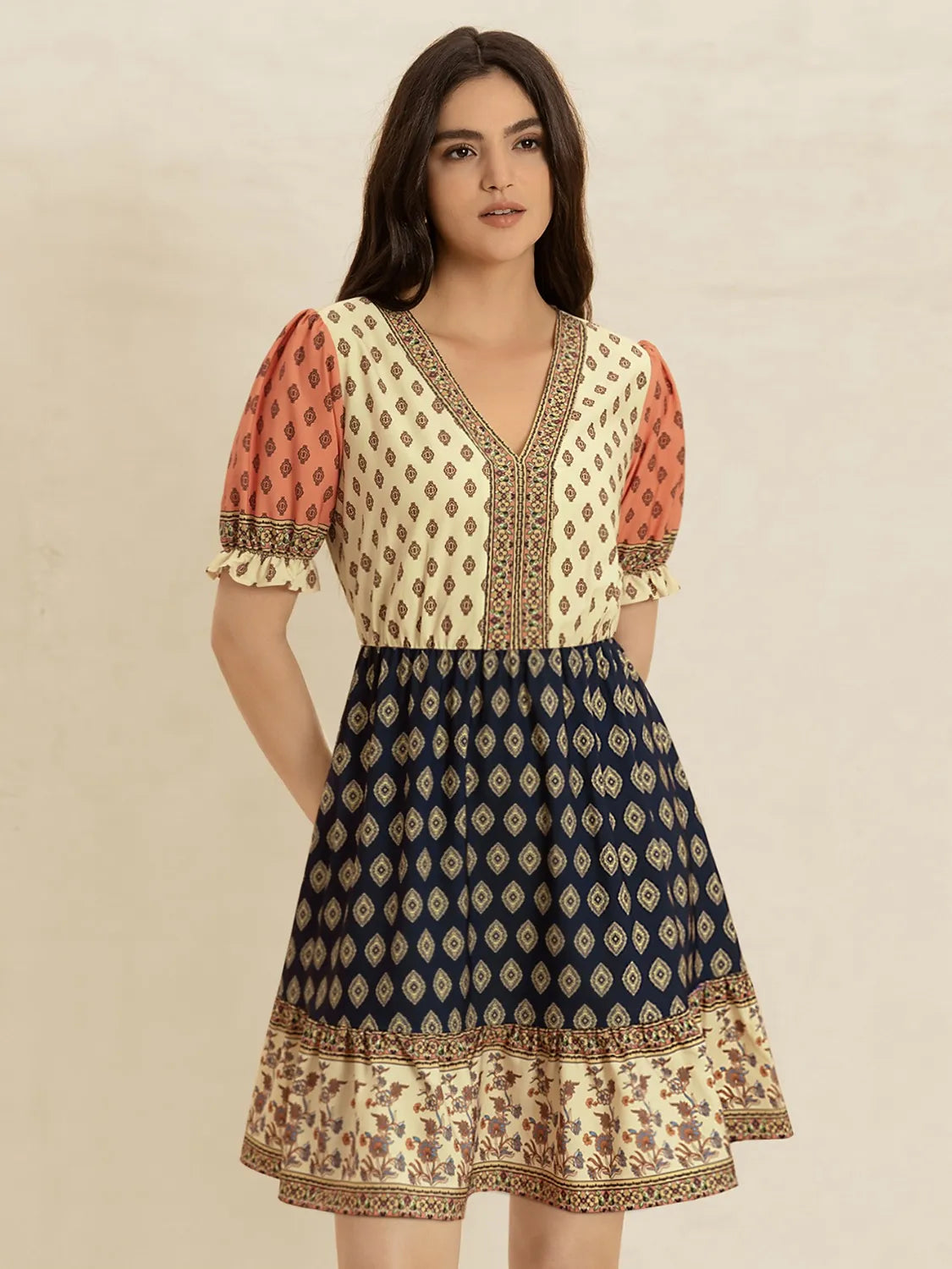 Printed V-Neck Short Sleeve Dress in Tan, view 8