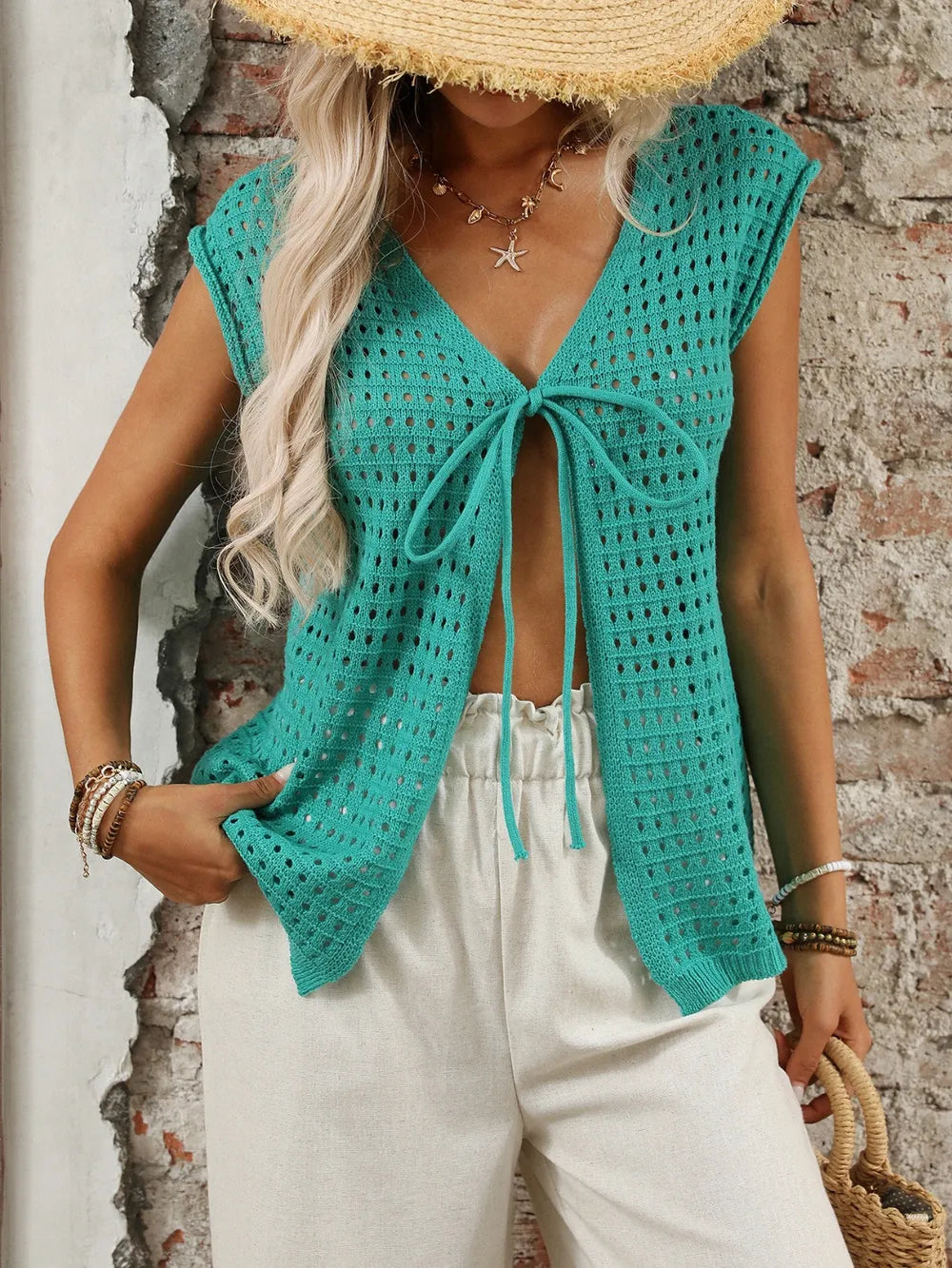 Tied Front Openwork V-Neck Knit Top, view 6