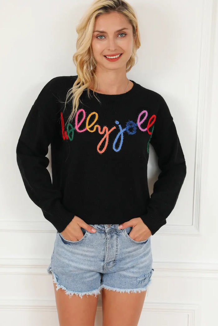Round Neck Long Sleeve Sweater in Black