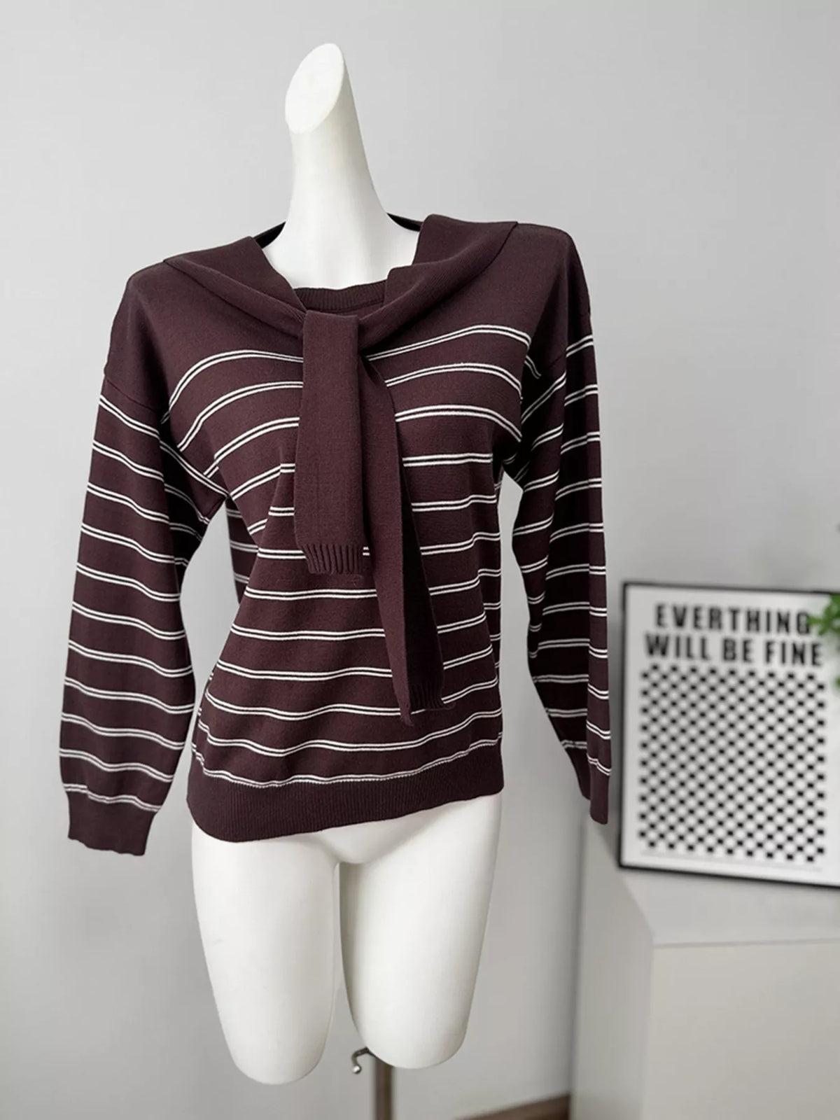 Classic Striped Crewneck Knit Top with Layered Sweater Detail, view 18