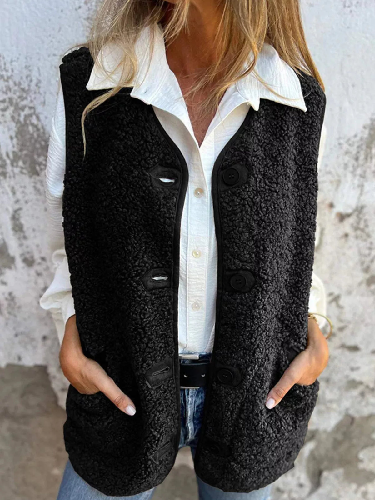 Full Size Cozy Sherpa Fleece Button-Up Vest Coat with Pockets Plus Size - Lilixa.store