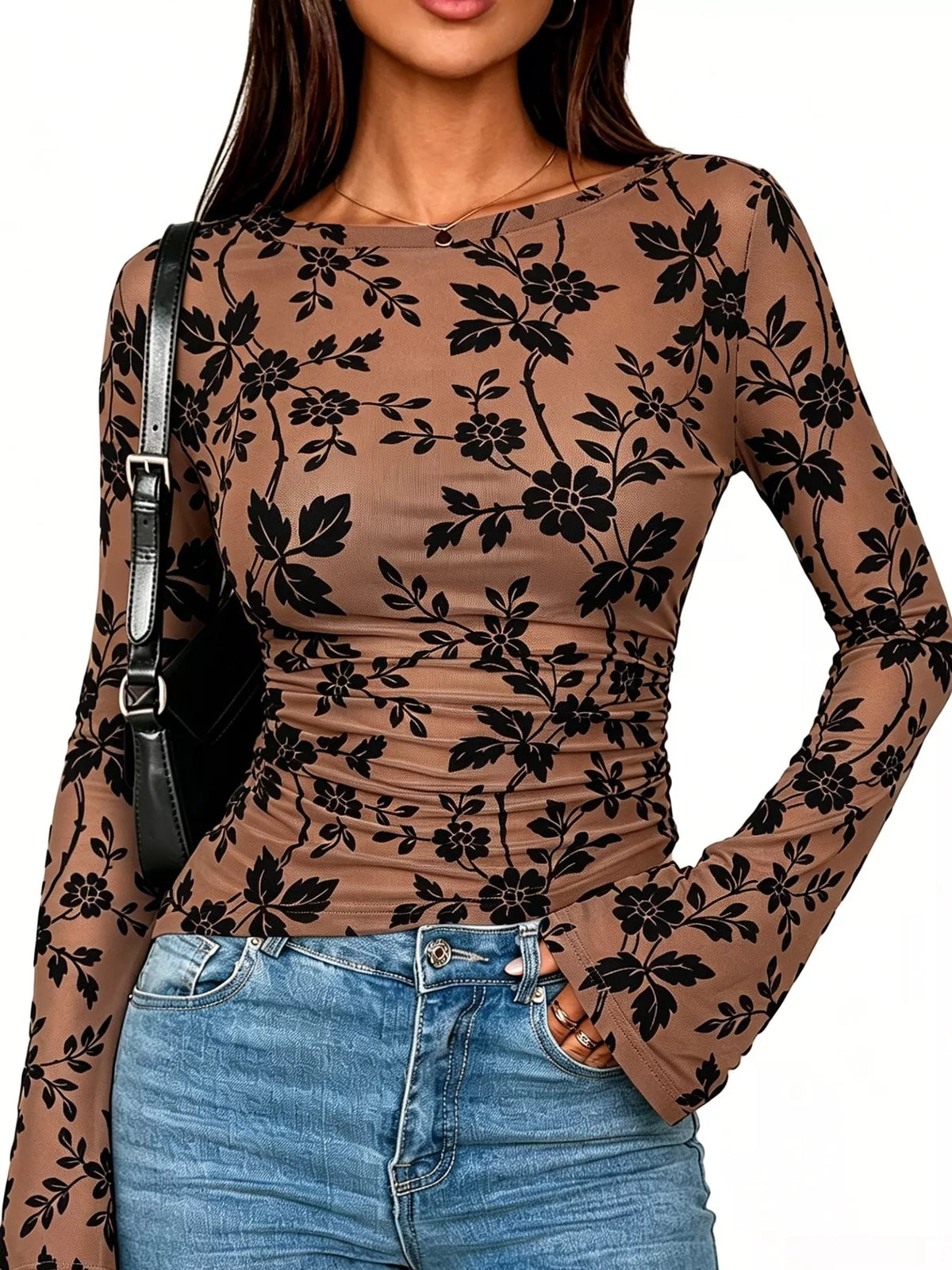 Slim Fit Floral Print Long Sleeve Top in Camel