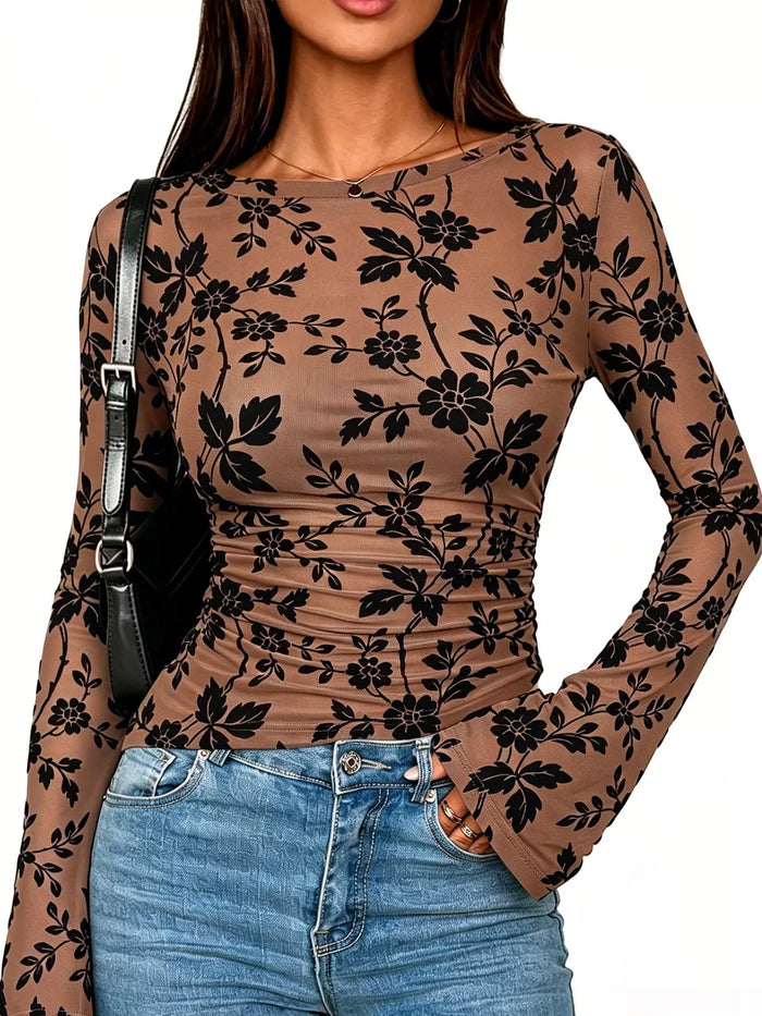 Slim Fit Floral Print Long Sleeve Top in Camel