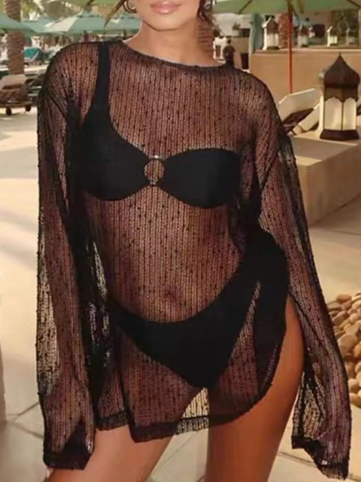 Sheer Knit Long Sleeve Cover-Up - Lilixa.store