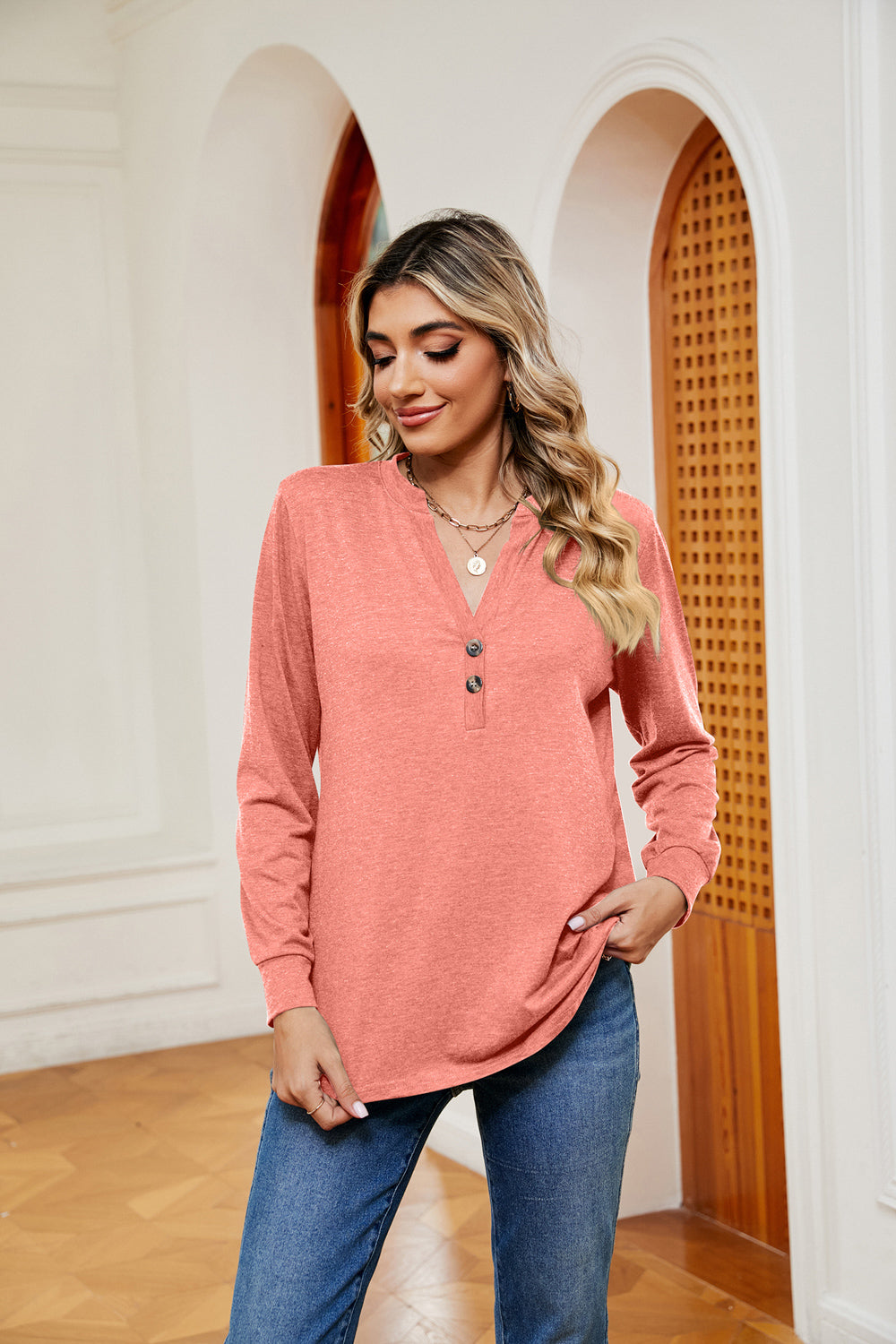 Buttoned Notched Neck Long Sleeve Top, view 7