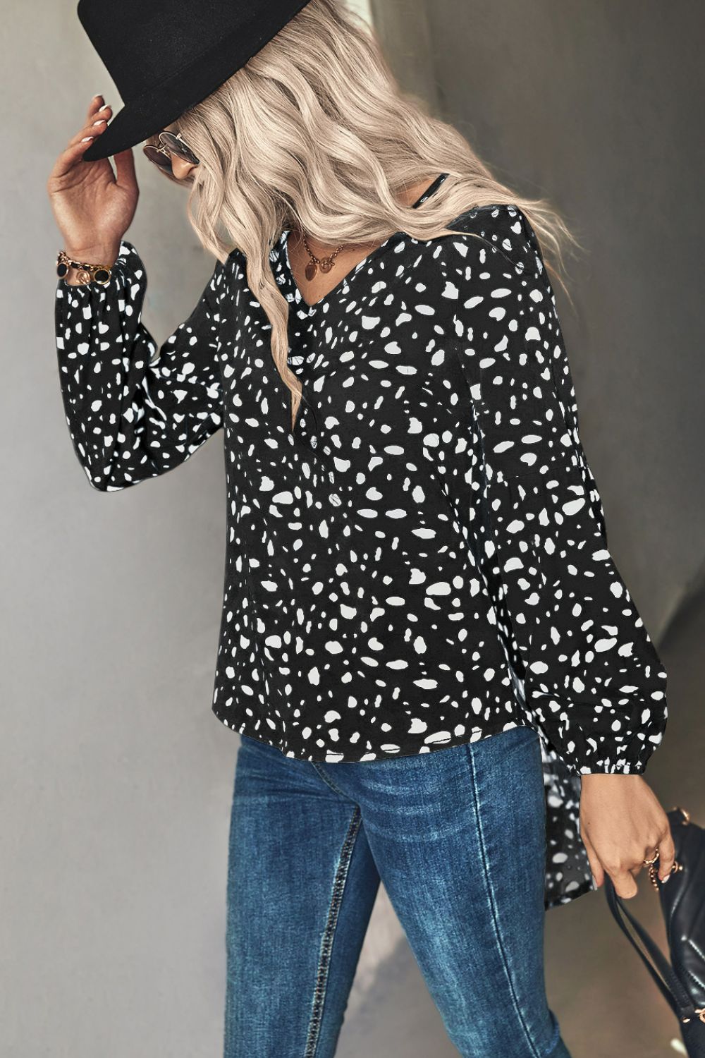 Animal Print V-Neck High-Low Blouse, view 5