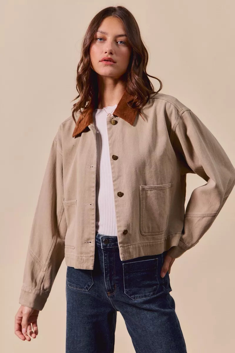 SO ME Cotton Twill Cropped Barn Jacket wtih Collar in Taupe, view 11