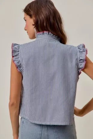 SO ME Stripe Twill Stitch Ruffled Hidden Button Vest Top - Lilixa.store