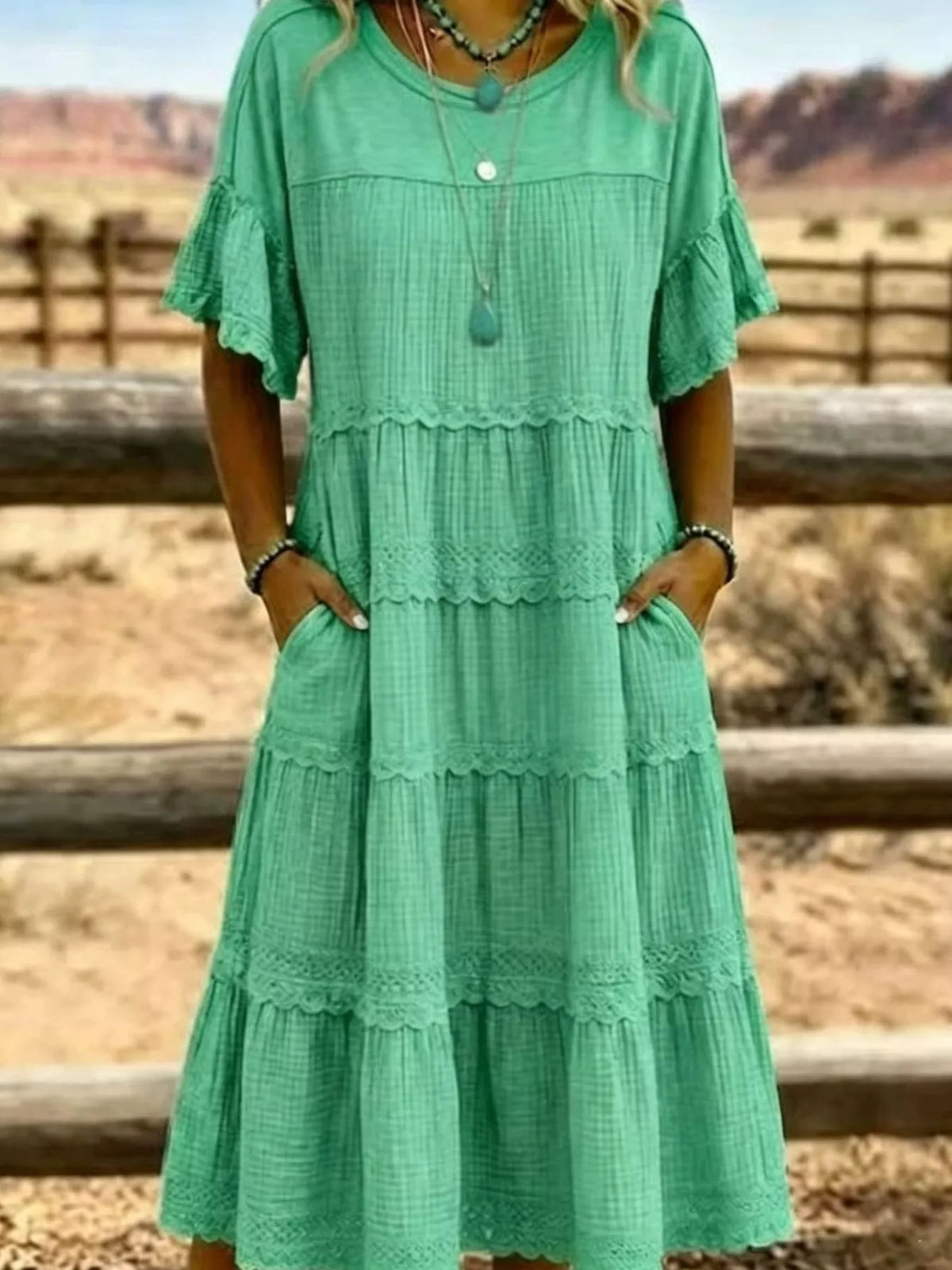 Full Size Tiered Ruffle Sleeve Midi Dress with Pockets Plus Size - Lilixa.store