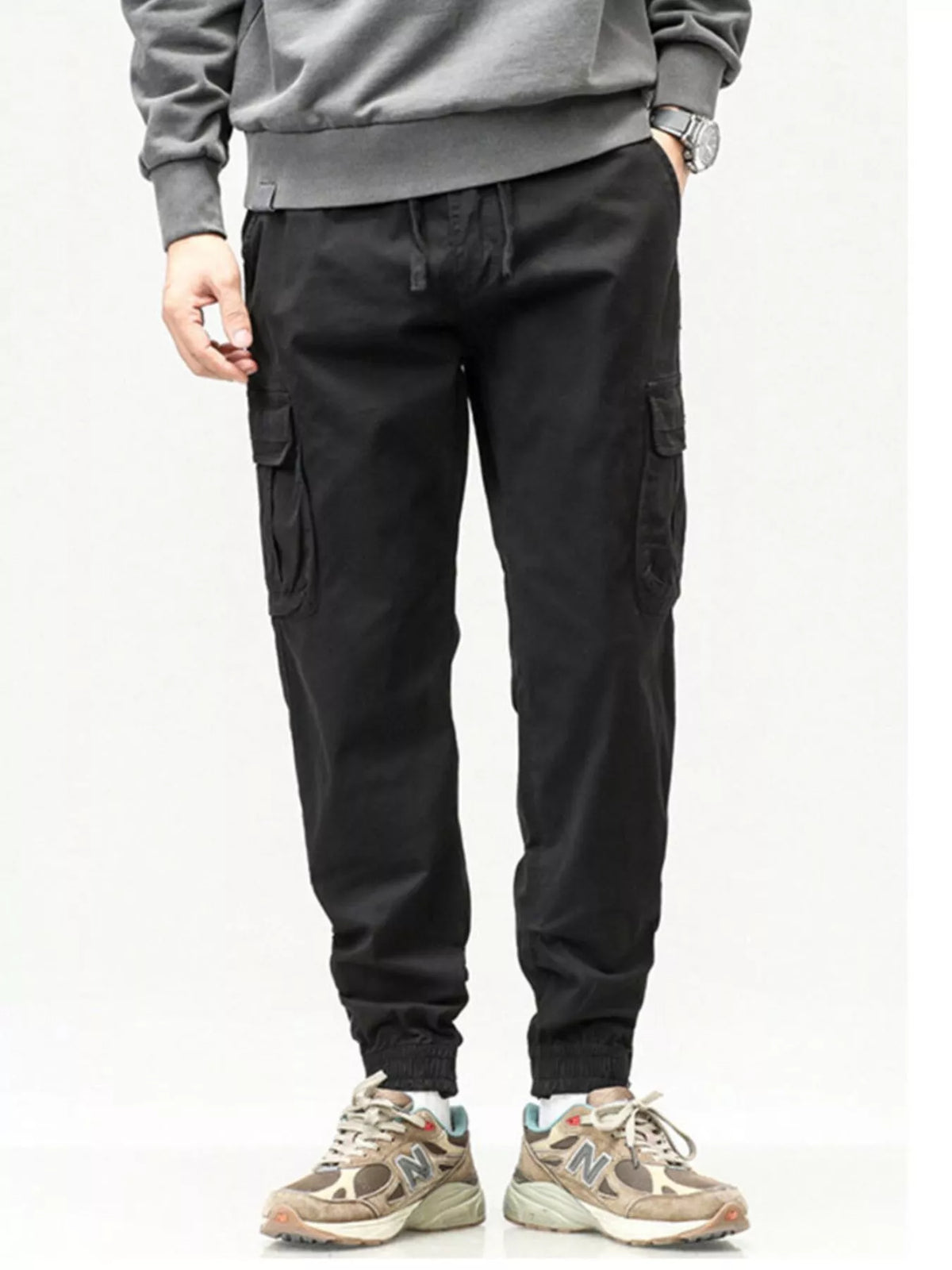 Men's Full Size Casual Cargo Pants with Drawstring Waist Plus Size in Black