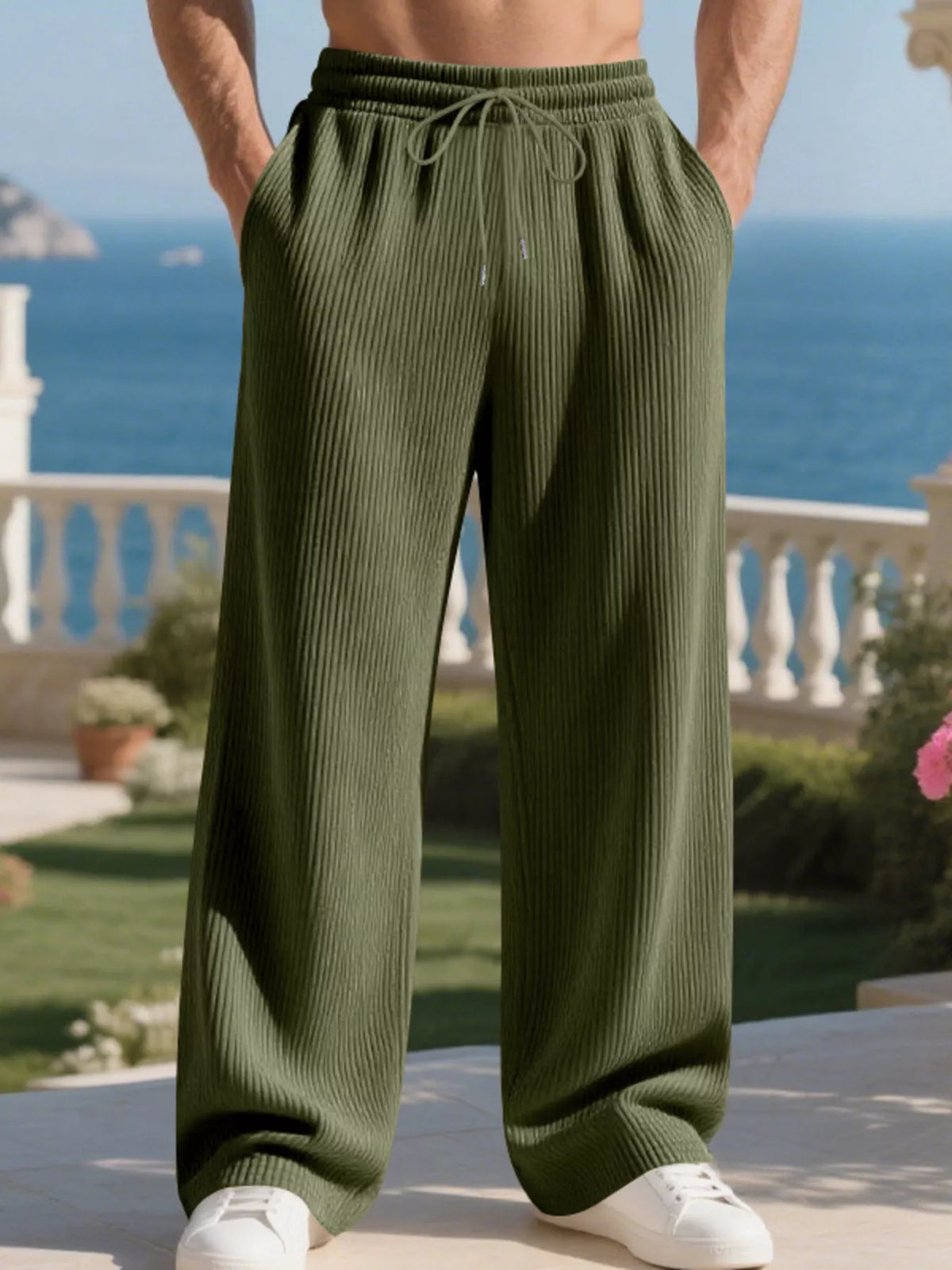 Men's Full Size Relaxed Fit Drawstring Pants Plus Size in Military Green
