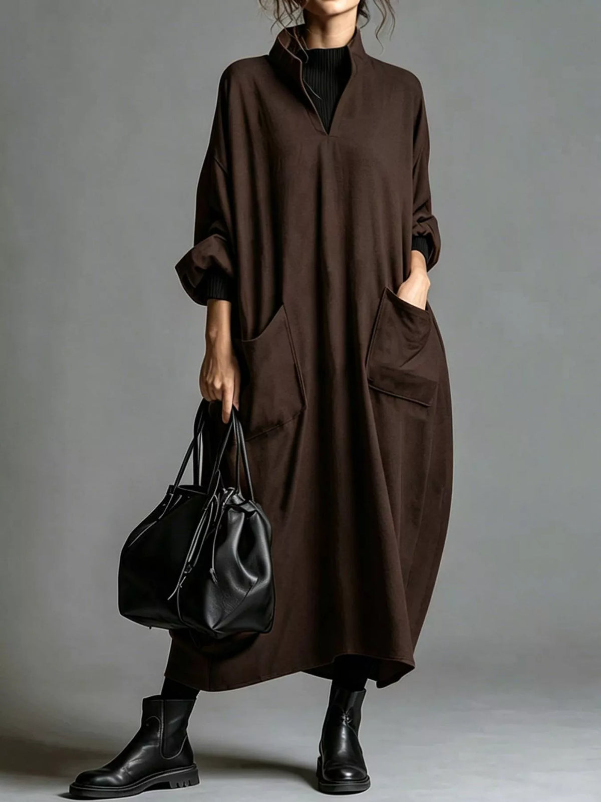 Full Size Loose-Fit Mock Neck Midi Dress with Pockets Plus Size - Lilixa.store