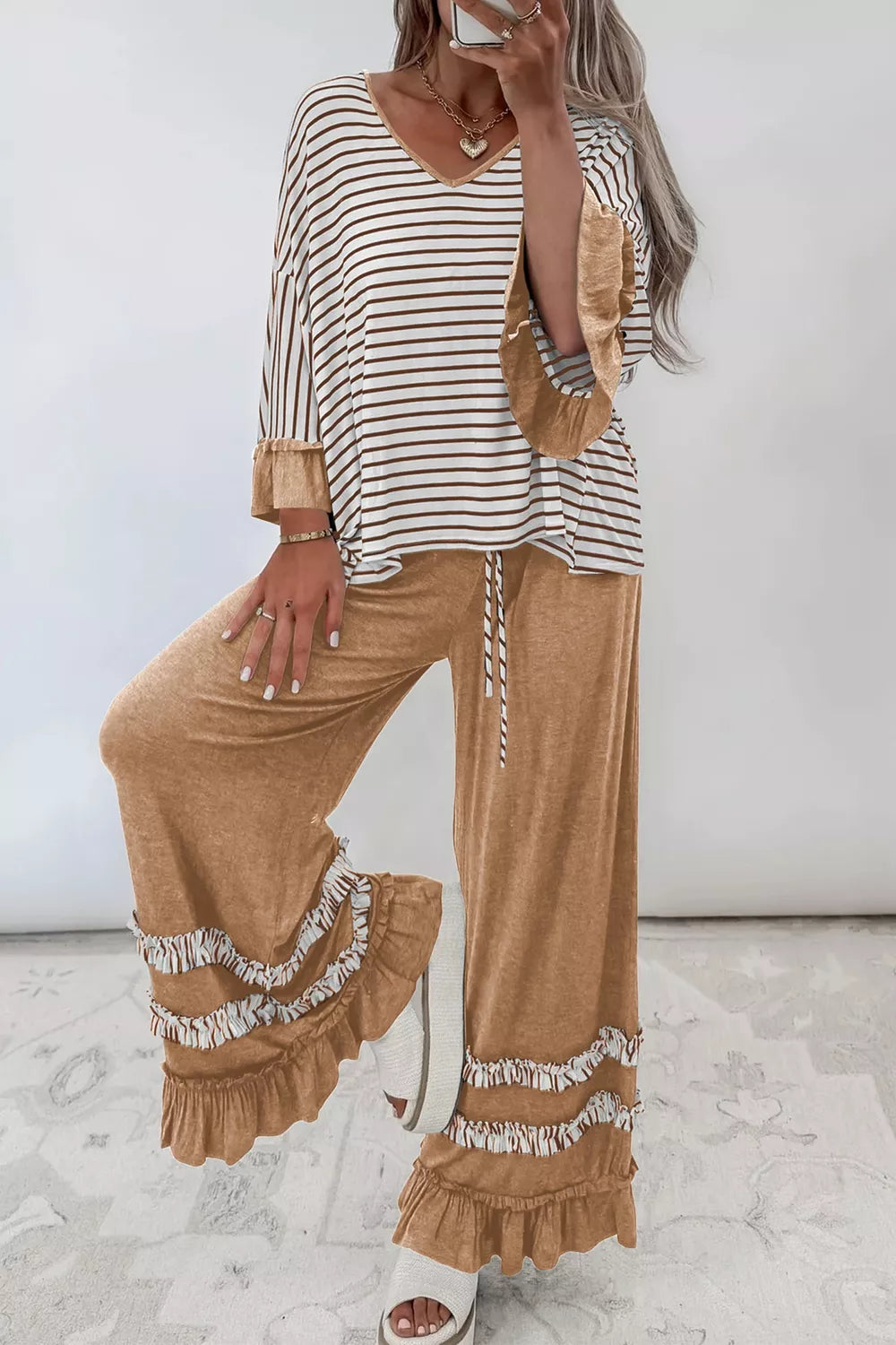 Stripe V Neck Ruffle Contrast Sleeve Top Drawstring Pants 2pcs Set - Lilixa.store