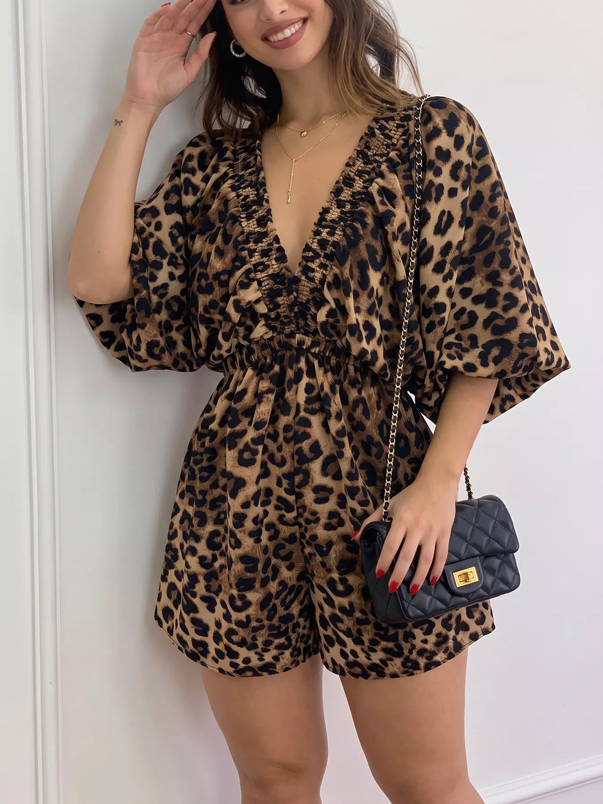 V-Neck Leopard Print Puff Sleeve Romper - Lilixa.store