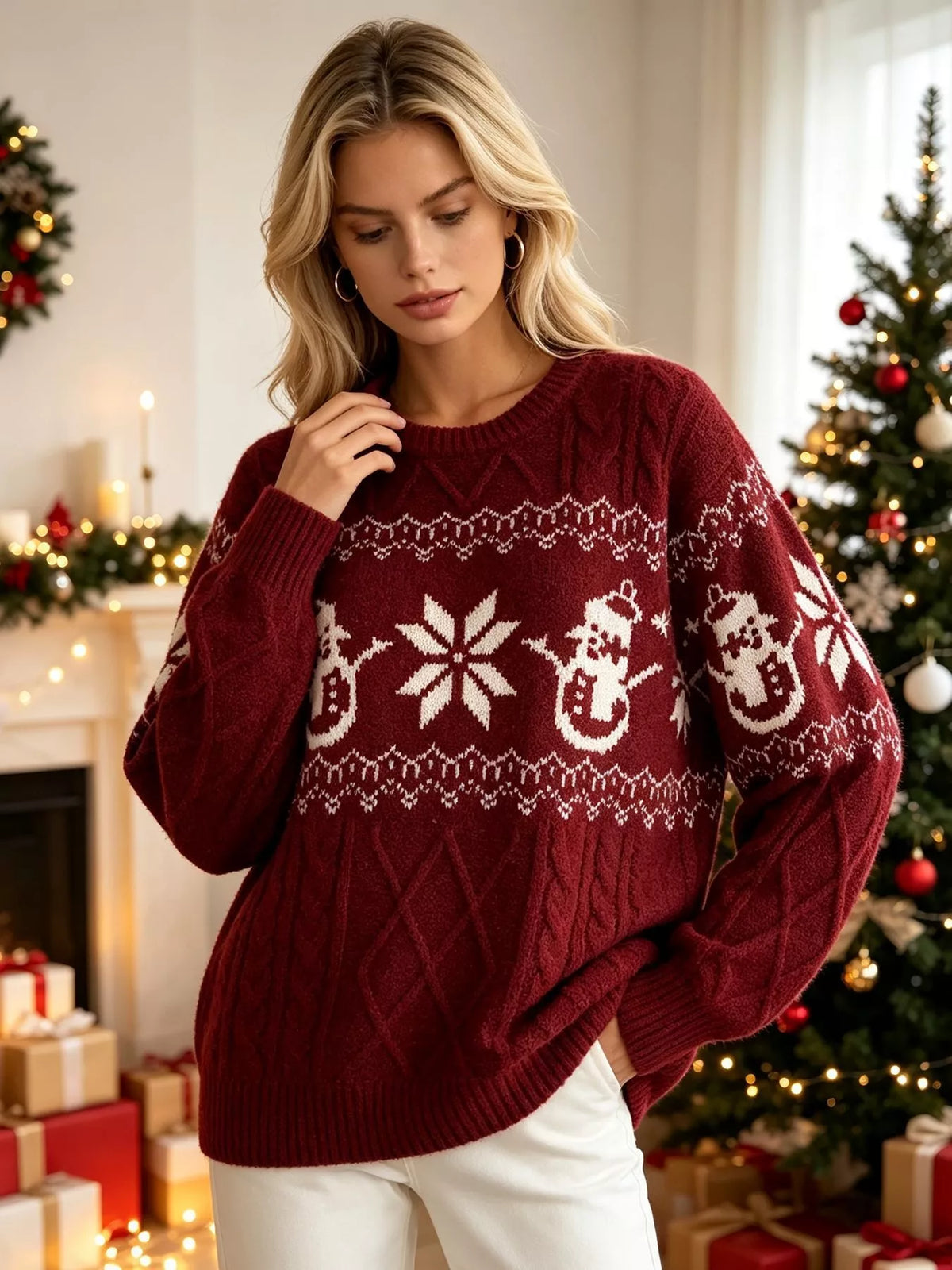 Christmas Snowman Pattern Cable Knit Sweater in Red