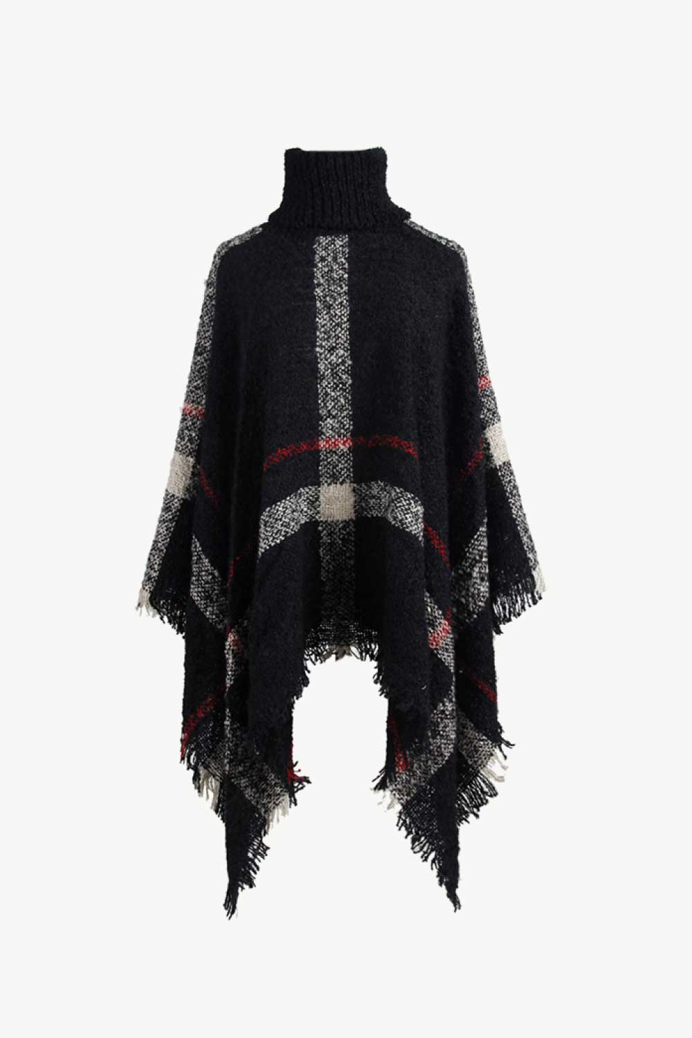 Plaid Turtleneck Raw Hem Poncho in Black