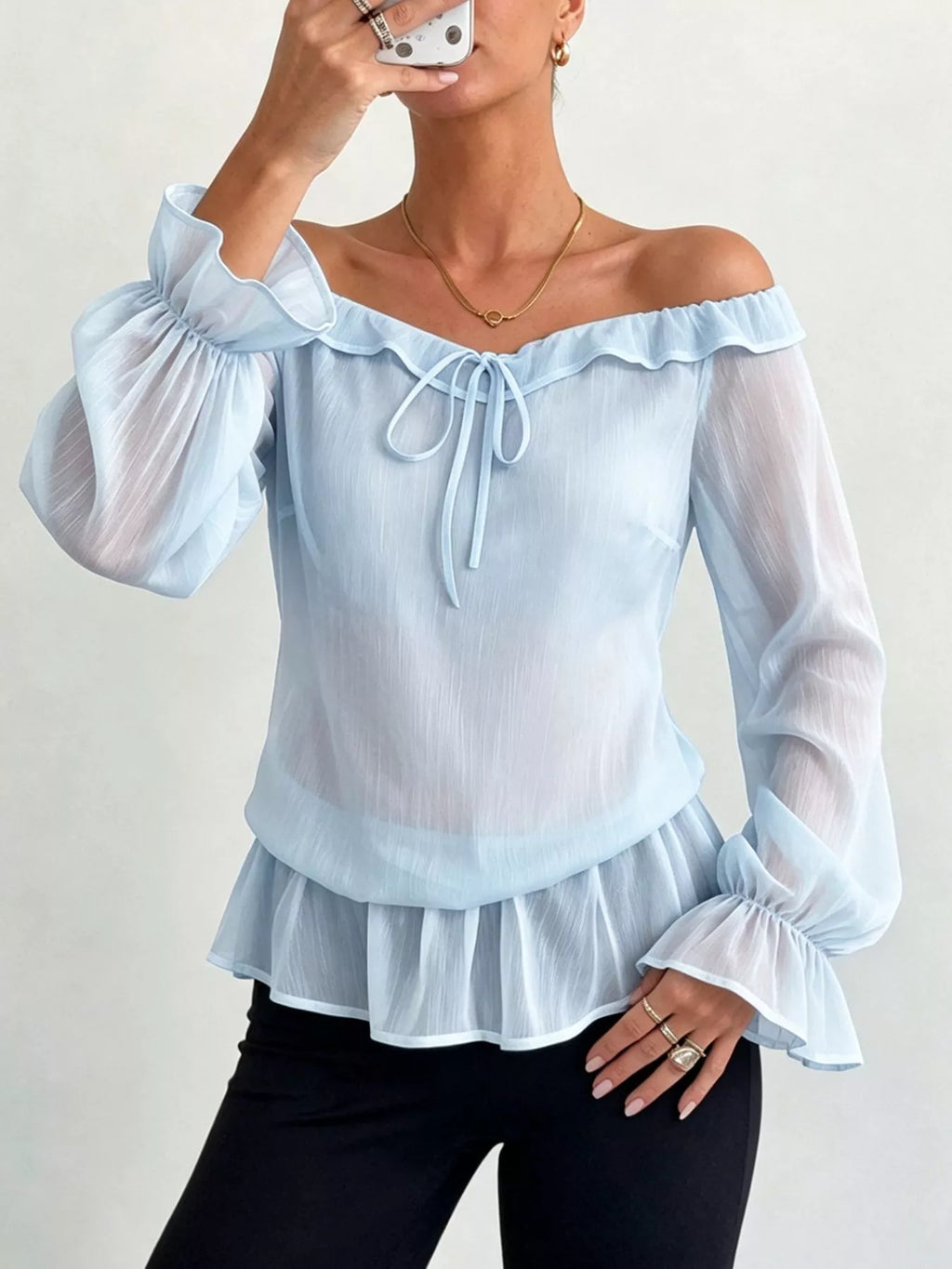 Off-Shoulder Flounce Sleeve Chiffon Blouse - Lilixa.store