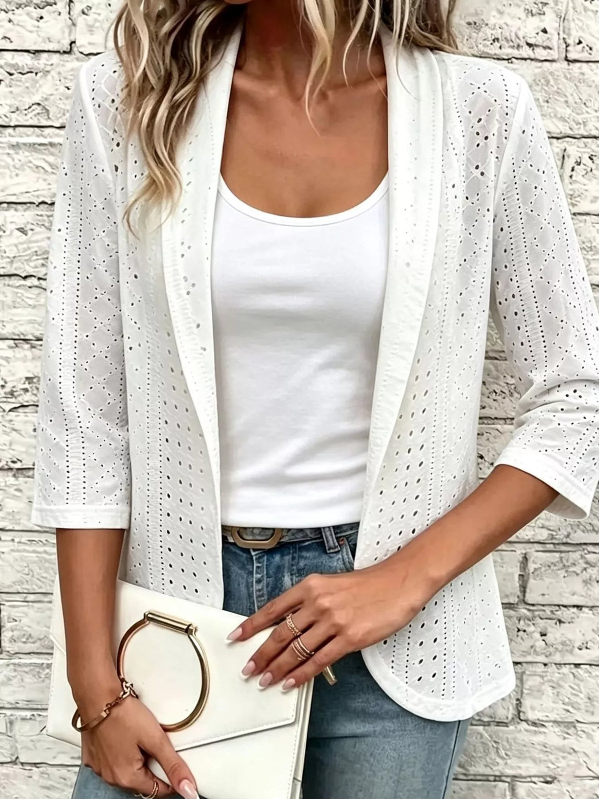 Eyelet Open Front Cardigan - Lilixa.store