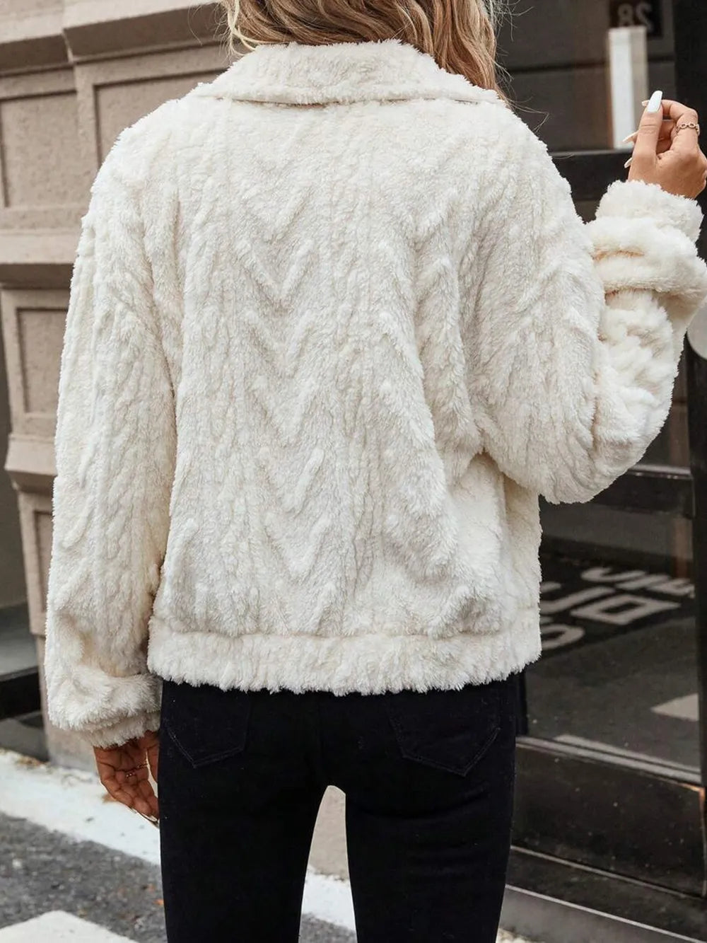 Button Up Long Sleeve Fuzzy Outerwear in Ivory, view 5