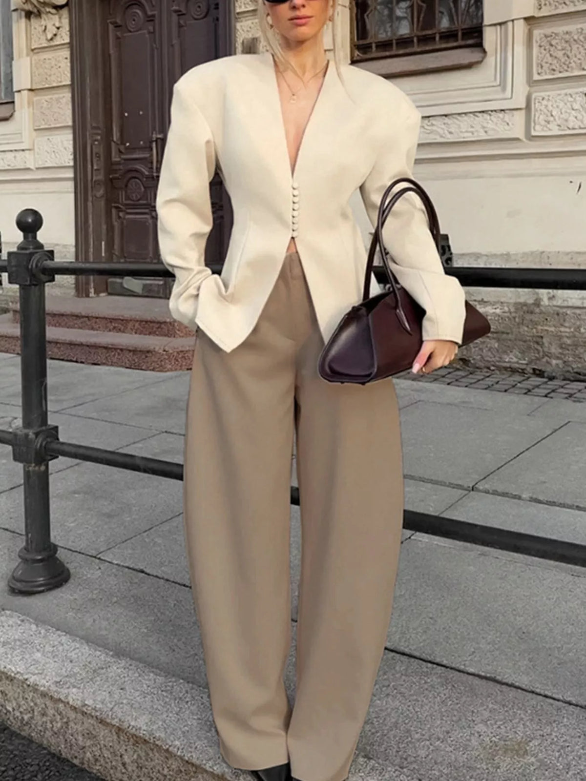V-Neck Button-Up Blazer with Structured Shoulders - Lilixa.store