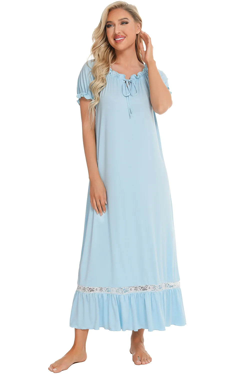 Lace Detail Short Sleeve Lounge Dress - Lilixa.store