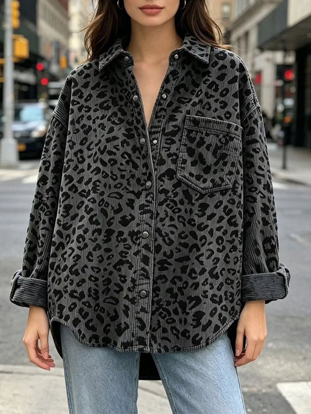 Oversized Leopard Corduroy Button-Down Shirt - Lilixa.store