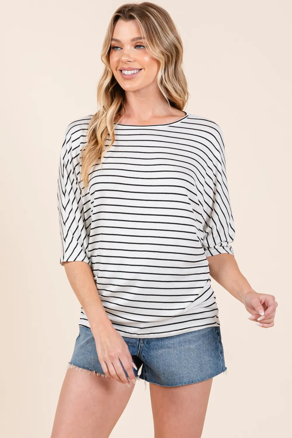 BOMBOM Striped Boat Neck Dolman Sleeve Top - Lilixa.store