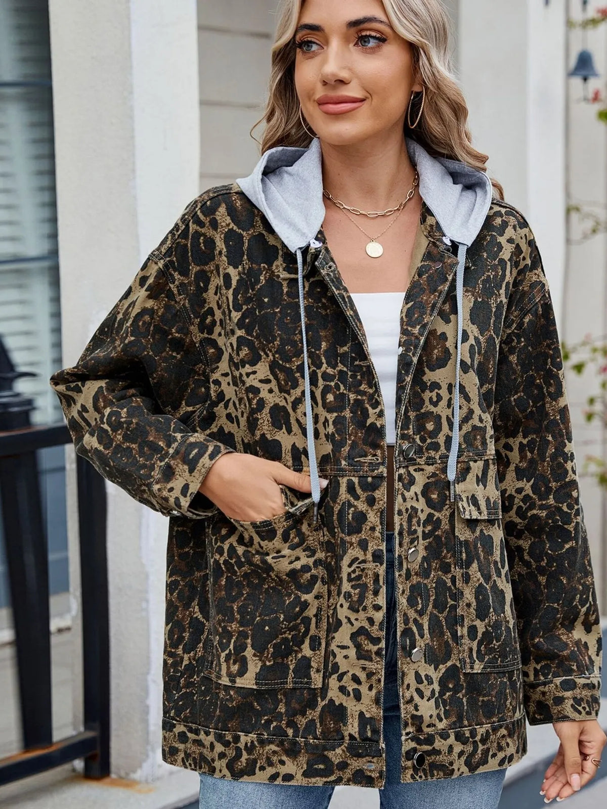 Oversized Button Up Denim Jacket with Hood in Leopard