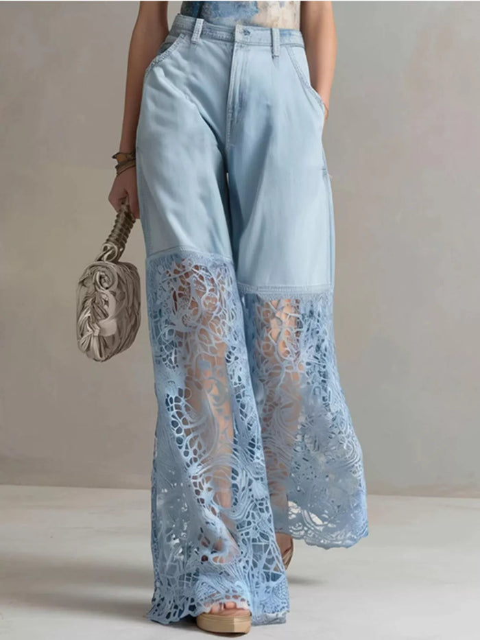 Lace Patchwork Wide Leg Jeans - Lilixa.store