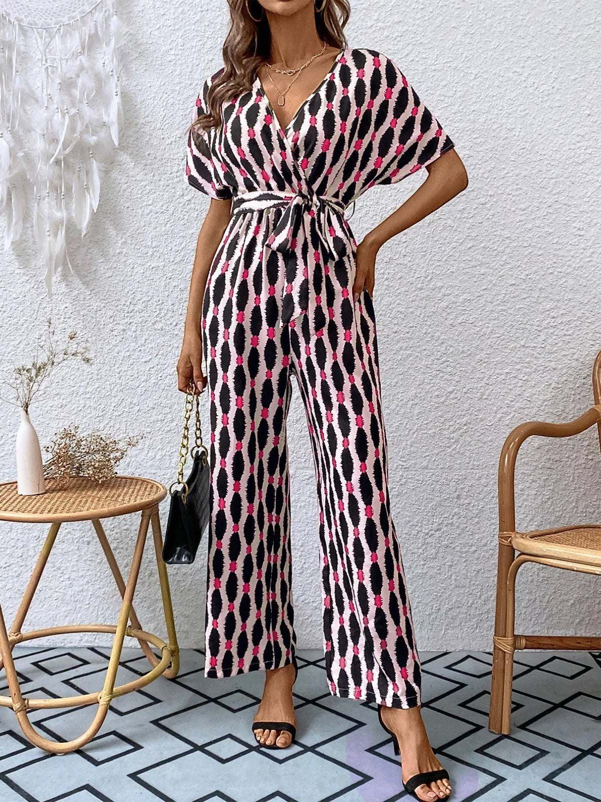 Printed Surplice Tie Waist Short Sleeve Jumpsuit - Lilixa.store