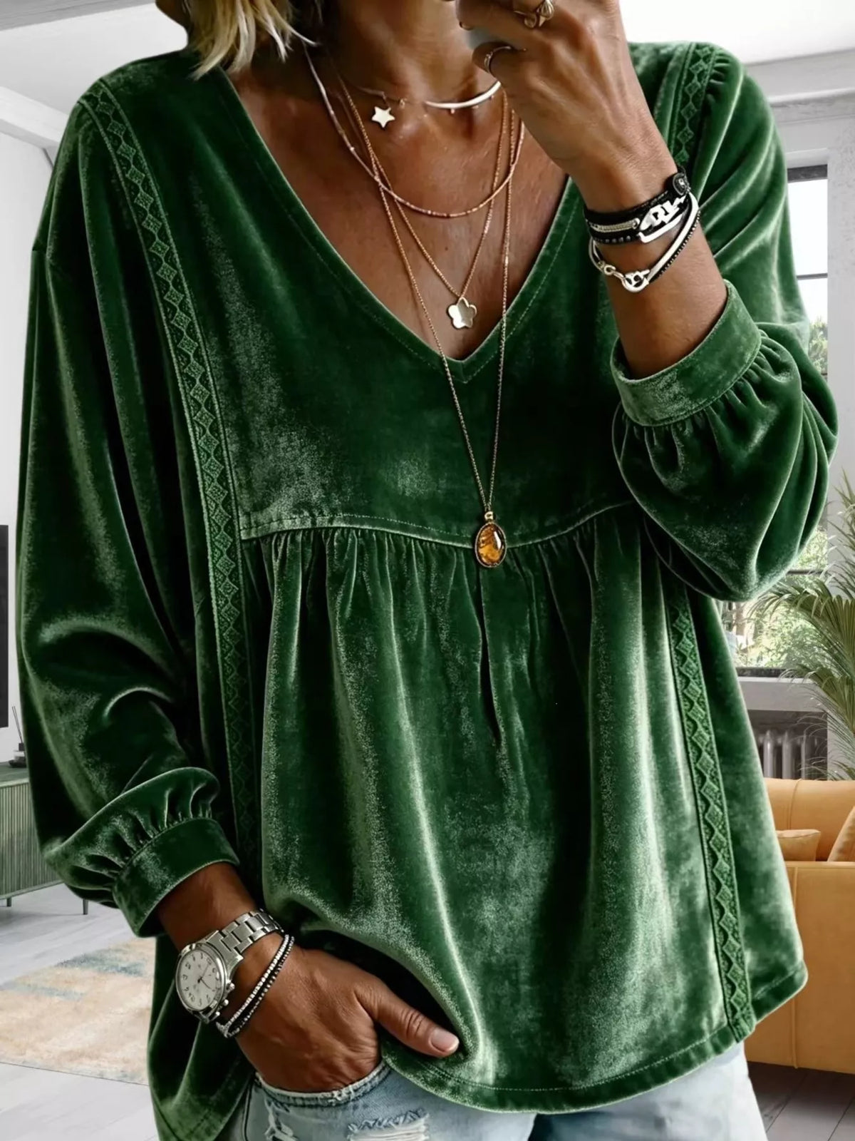 Full Size Velvet Lace Detail V-Neck Blouse Plus Size - Lilixa.store