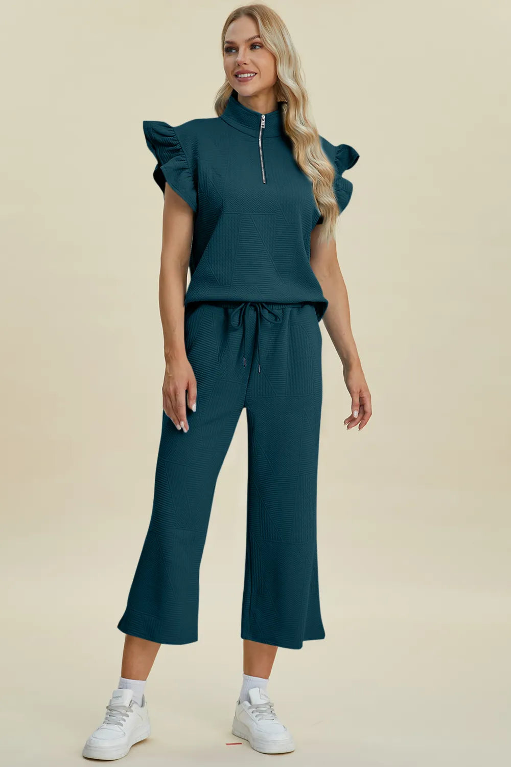 Double Take Full Size Texture Ruffle Short Sleeve Top and Wide Leg Pants Set, view 12