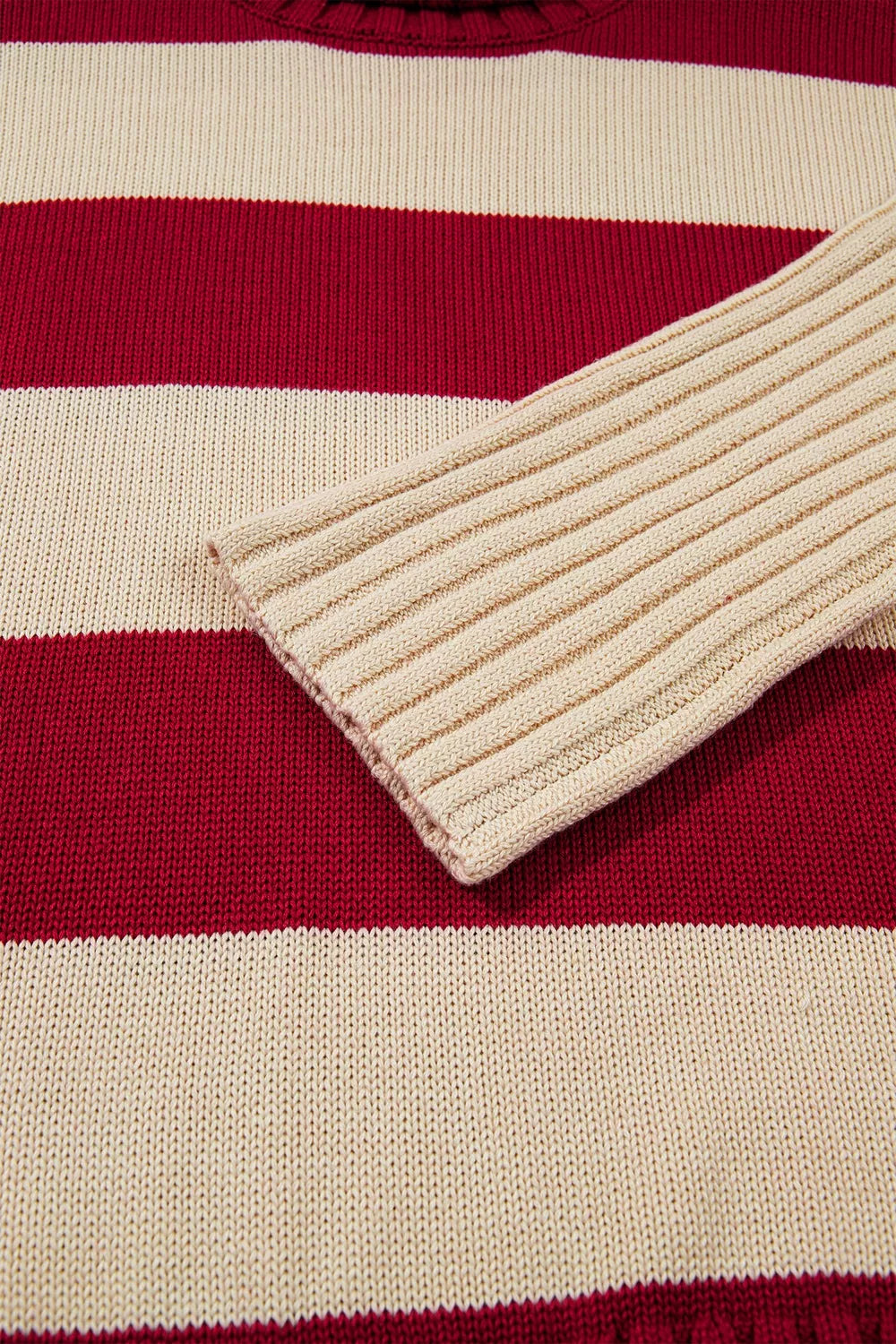 Stripe Ribbed Trim High Neck Relaxed Pullover Sweater