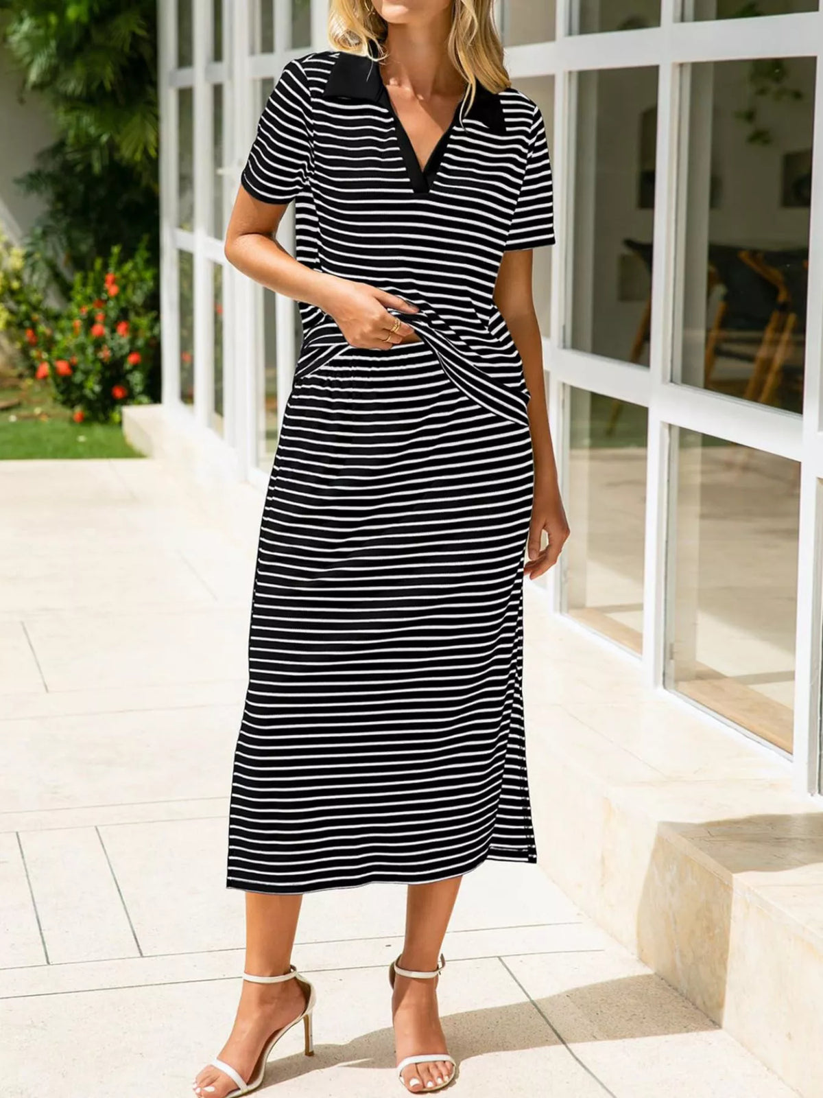 Striped Polo Collar Top and Slit Skirt Two-Piece Set in Black