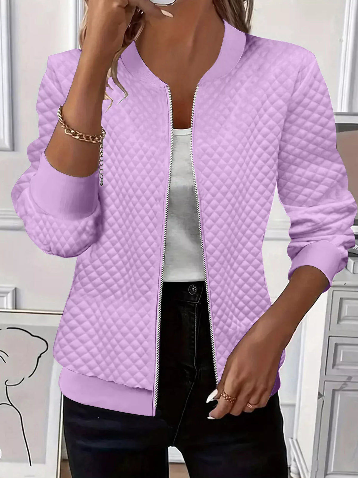 Textured Zip Up Long Sleeve Jacket in Purple