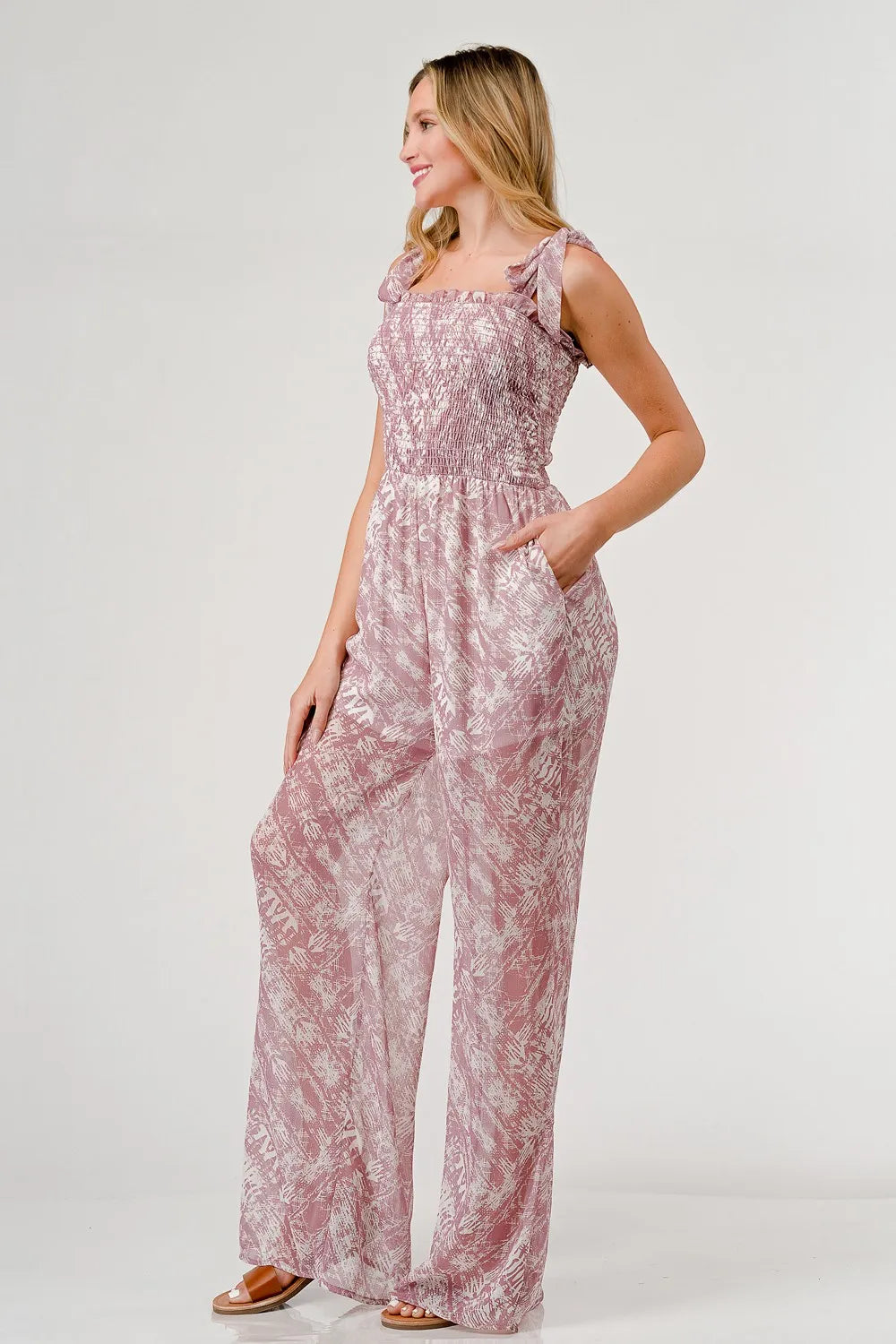 GeeGee Printed Tie Shoulder Wide Leg Jumpsuit - Lilixa.store