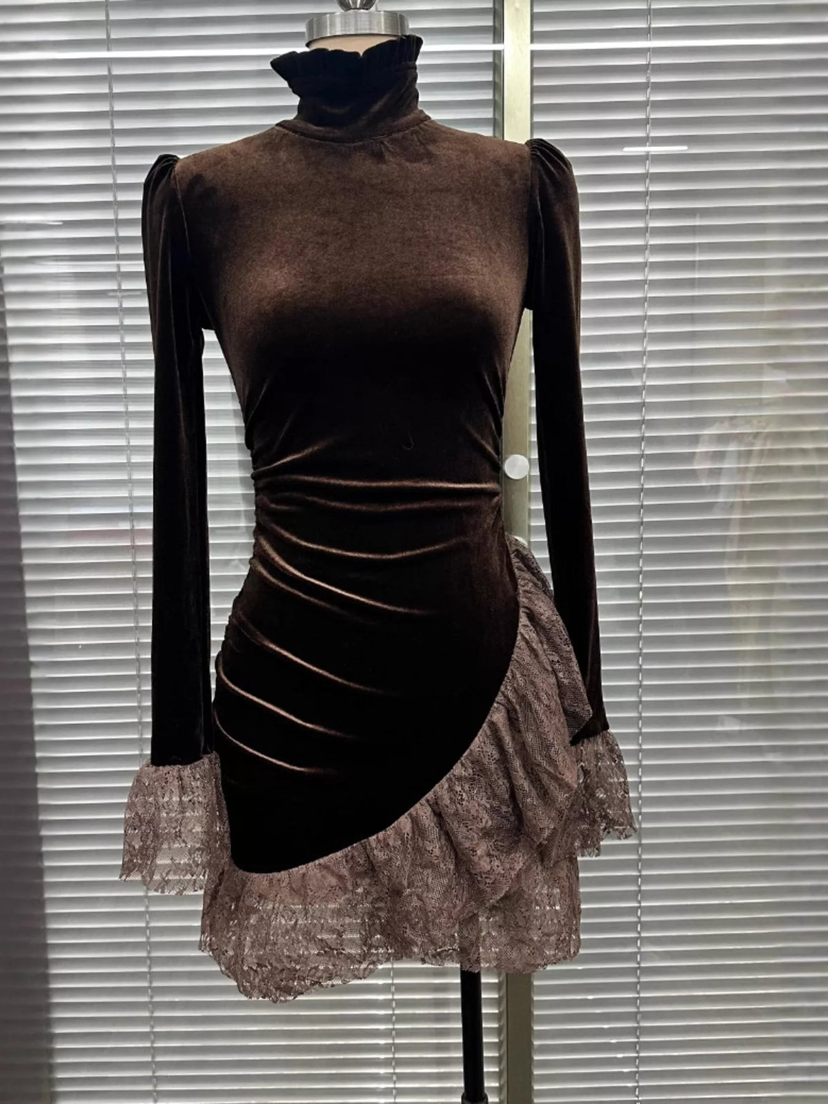 Velvet Mock Neck Mini Dress with Lace Ruffle Trim - Lilixa.store