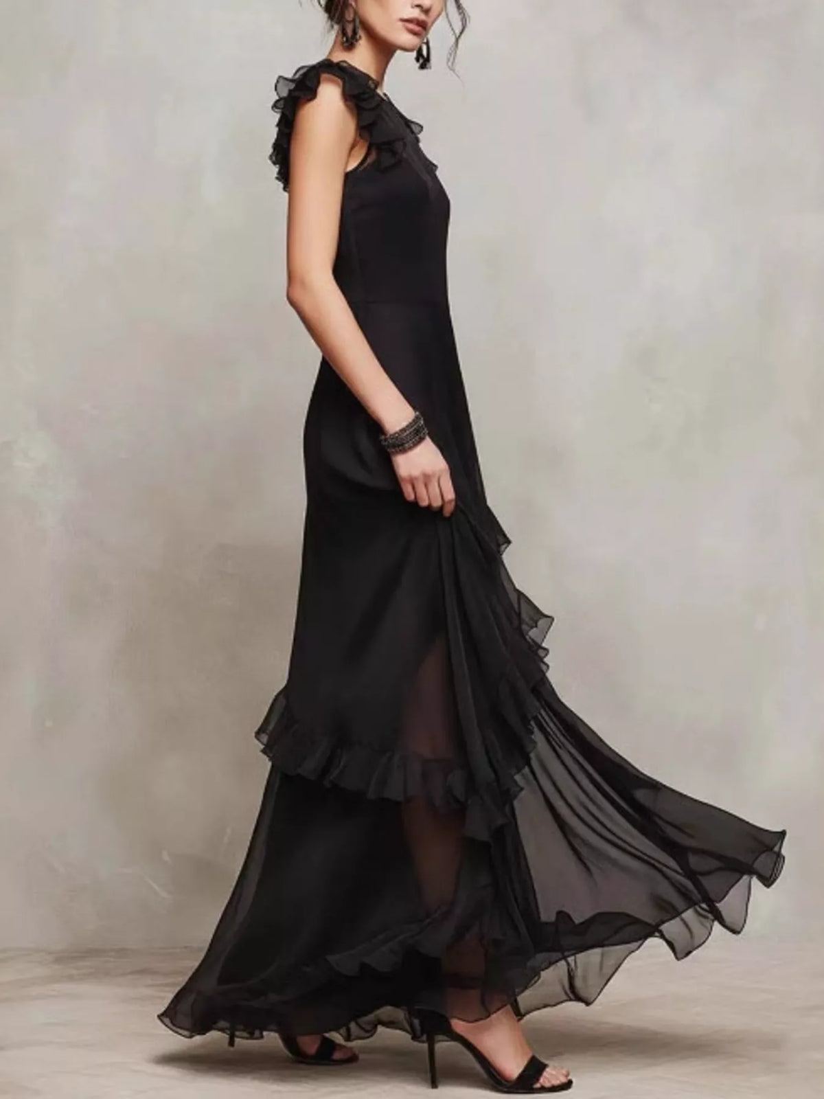 Sheer Ruffle Trim Maxi Dress - Lilixa.store